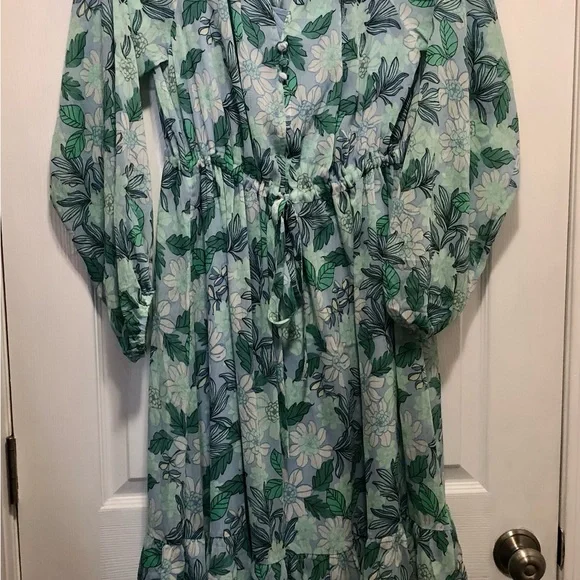 NWT LOFT Blue and Black Green Floral Maxi Dress Layered Ruffles Puff Sleeves - Picture 3 of 15